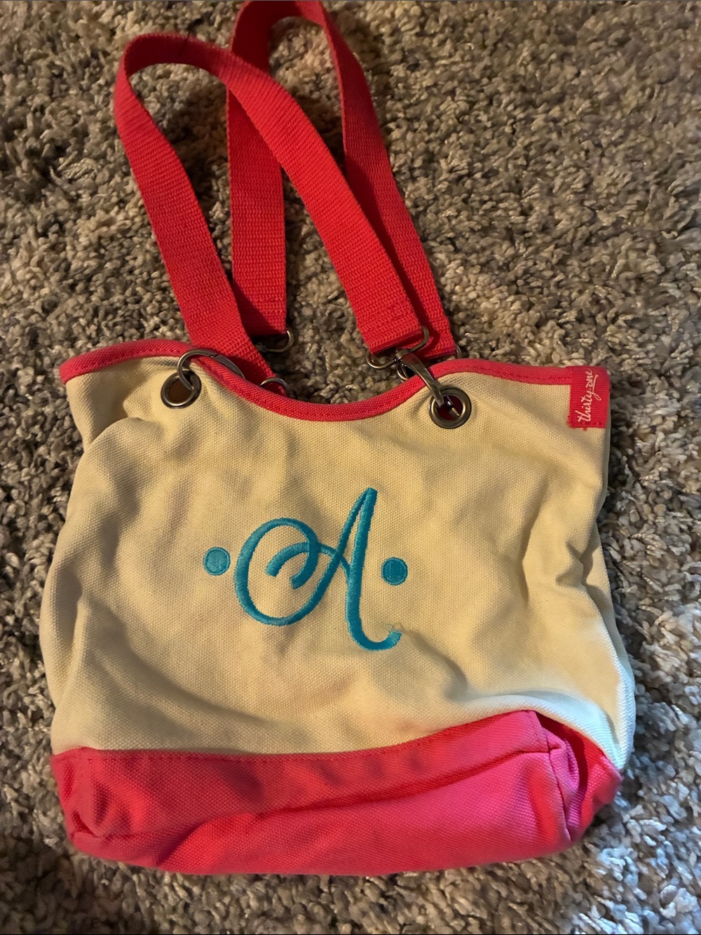 Small Canvas Tote Bag with Monogram 'A' - Pink and Cream